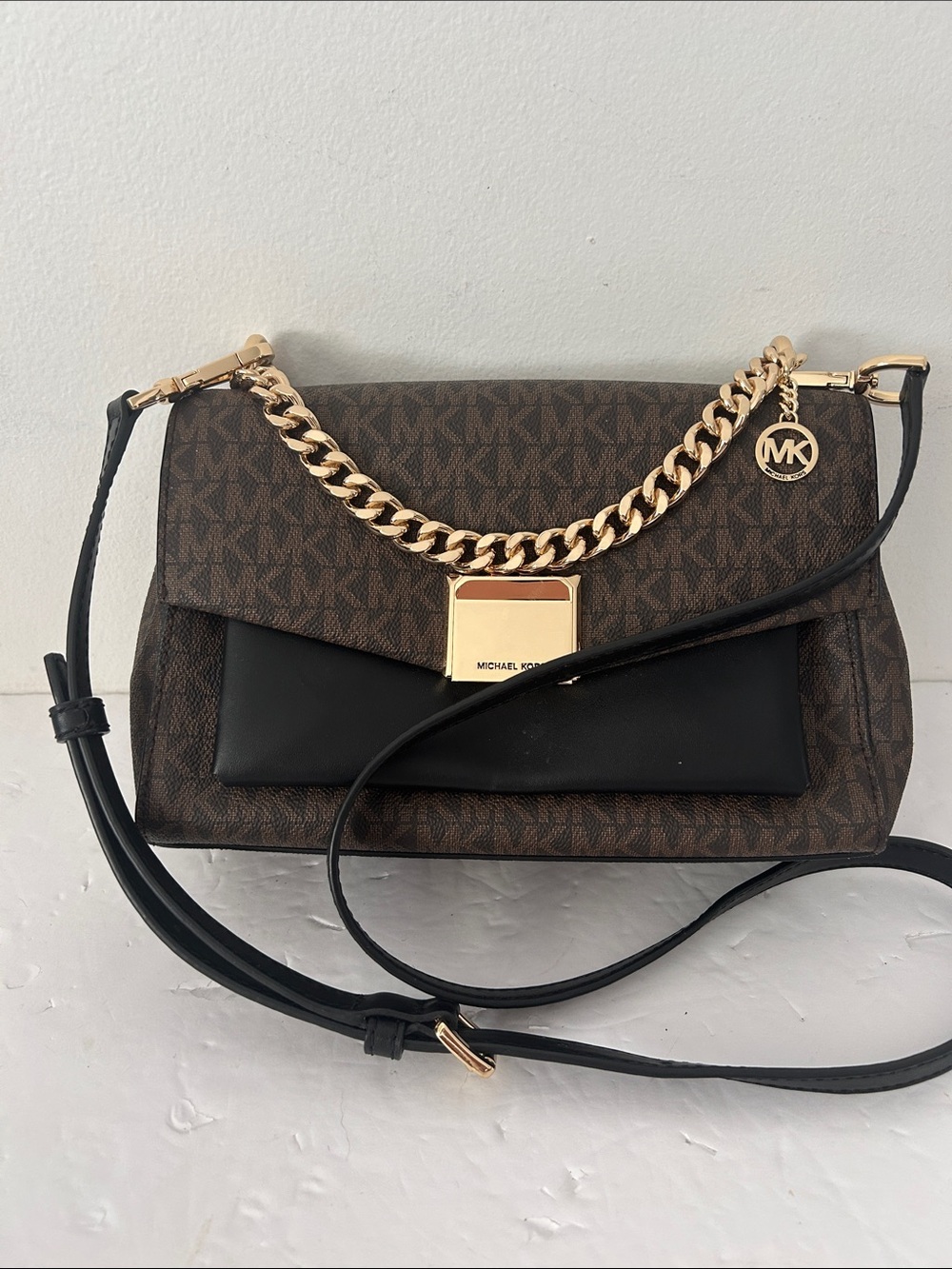 Michael Kors Lita Brown and Black Logo Crossbody with handle Gold Chain